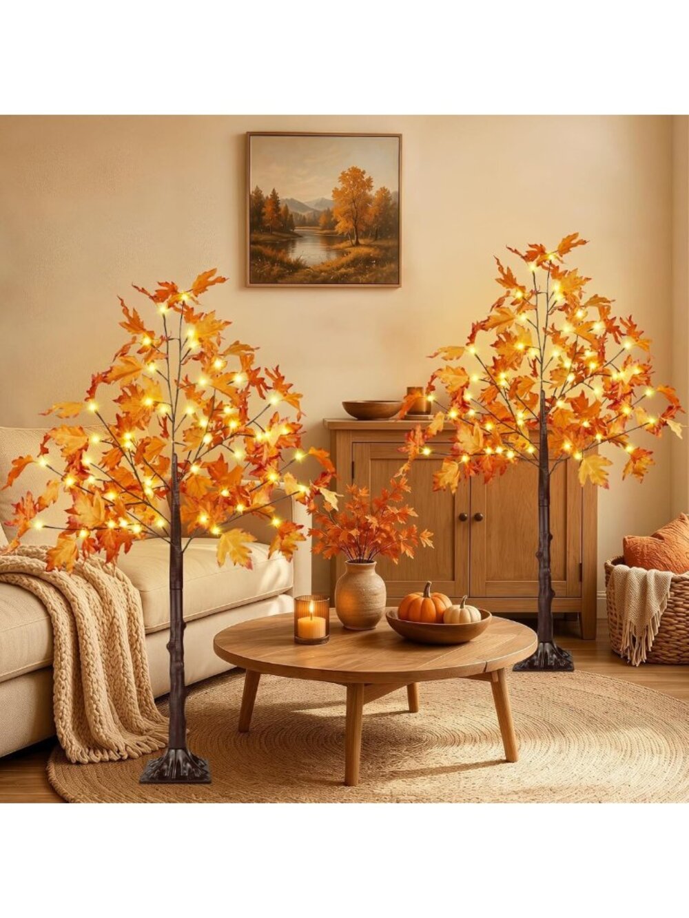 2 Pack 4FT LED Lighted Maple Trees - Artificial Fall Decor for Indoor/Outdoor